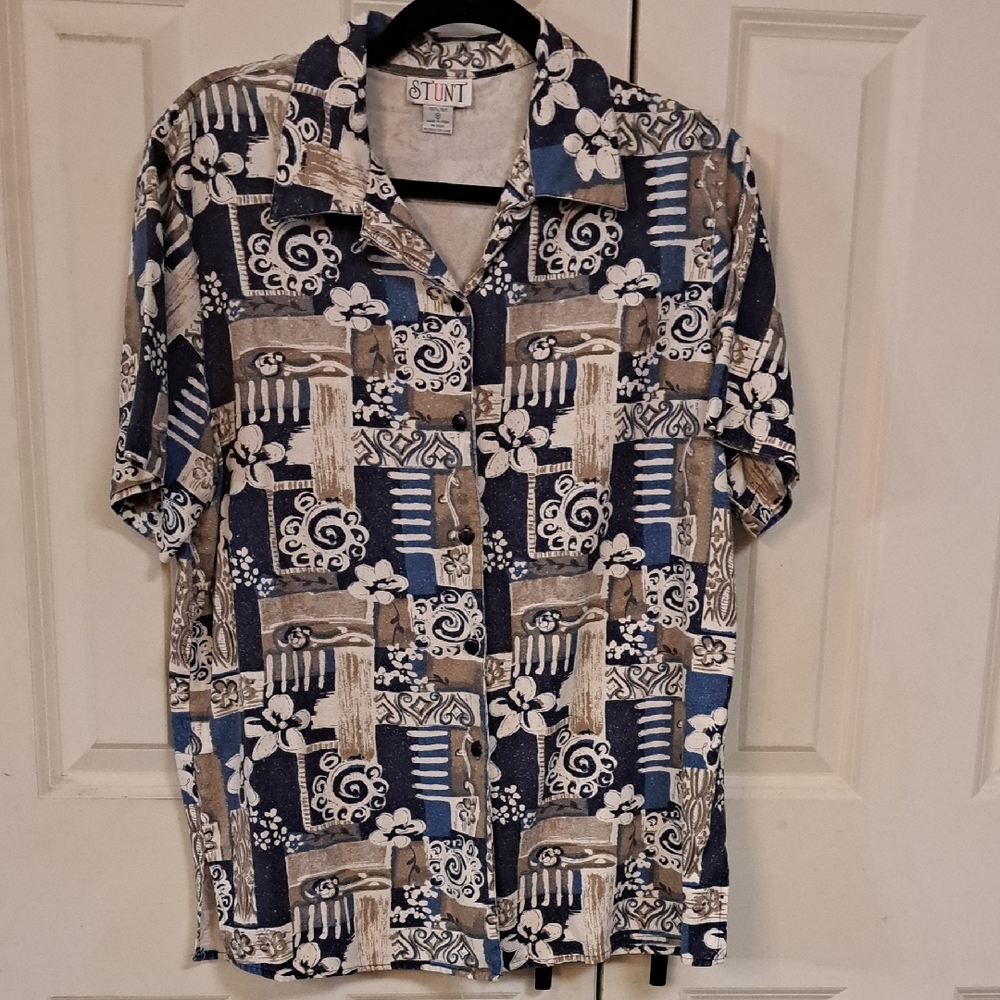 STUNT Womans Blue and Brown Patterned  Button Down Blouse - Picture 1 of 3